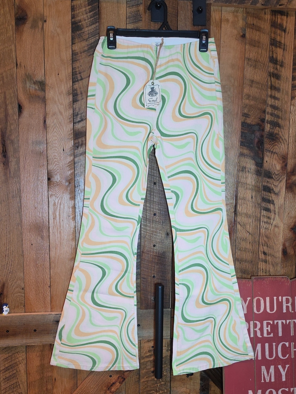 204p Easel Retro Swirl Flare Jeans in Pastel Green Pink  Orange